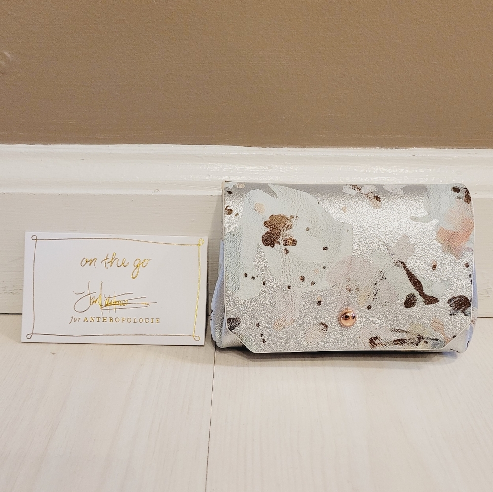 NWT Anthropologie On The Go Metallic Silver Faux Vegan Leather Coin Purse Wallet